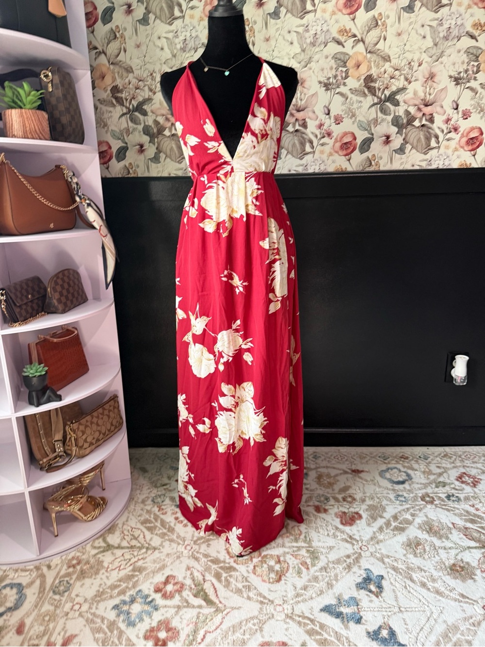 Fit-and-Flare Red Floral Maxi Dress with Deep V